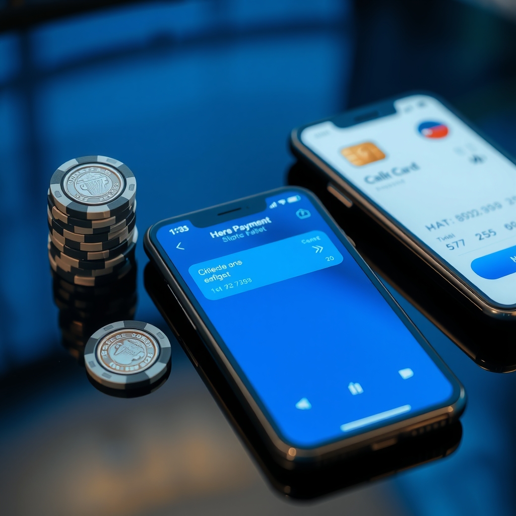 Smartphone con app di pagamento digitale, carta di credito e chip da casino, metodi di pagamento sui casino non AAMS